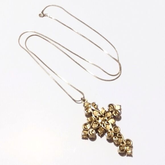 Vintage Pastel Rhinestone Gold Tone Cross Pendant Necklace – 32” Chain - Picture 6 of 6